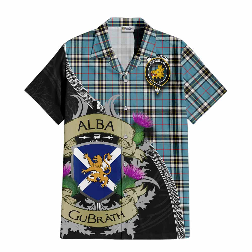 Tartan Vibes Clothing Thompson (Thomson) Tartan Family Crest Short Sleeve Button Shirt Lion Rampant Royal Thistle Shield Celtic Inspired