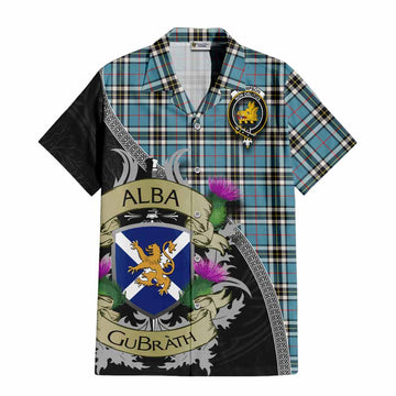 Tartan Vibes Clothing Thompson (Thomson) Tartan Family Crest Short Sleeve Button Shirt Lion Rampant Royal Thistle Shield Celtic Inspired