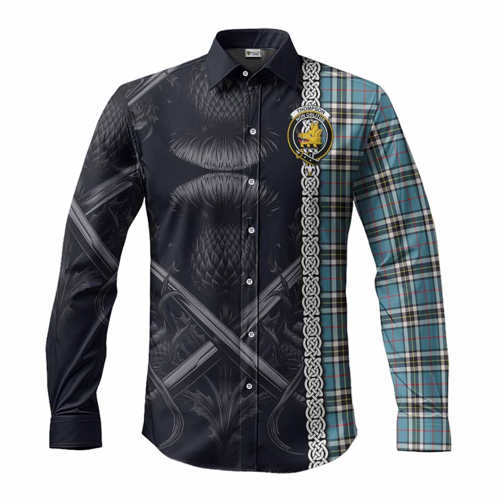 Tartan Vibes Clothing Thompson (Thomson) Tartan Long Sleeve Button Shirt with Family Crest Cross Sword Thistle Celtic Vibes