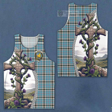Tartan Vibes Clothing Thompson (Thomson) Tartan Men's Tank Top with Family Crest and St. Andrew's Cross Accented by Thistle Vines