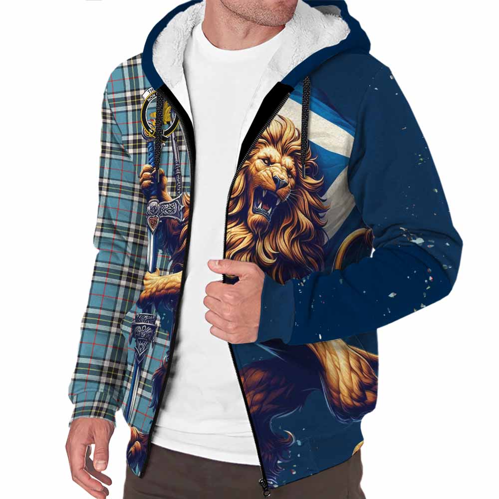 Tartan Vibes Clothing Thompson (Thomson) Tartan Family Crest Sherpa Hoodie with Scottish Majestic Lion