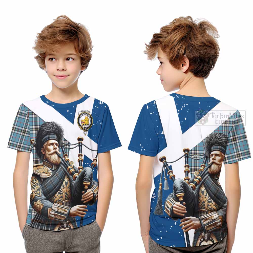 Tartan Vibes Clothing Thompson (Thomson) Tartan Kid T-Shirt with Family Crest Scottish Bagpiper Vibes