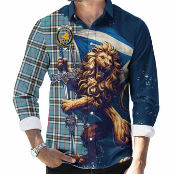 Tartan Vibes Clothing Thompson (Thomson) Tartan Family Crest Long Sleeve Button Shirt with Scottish Majestic Lion
