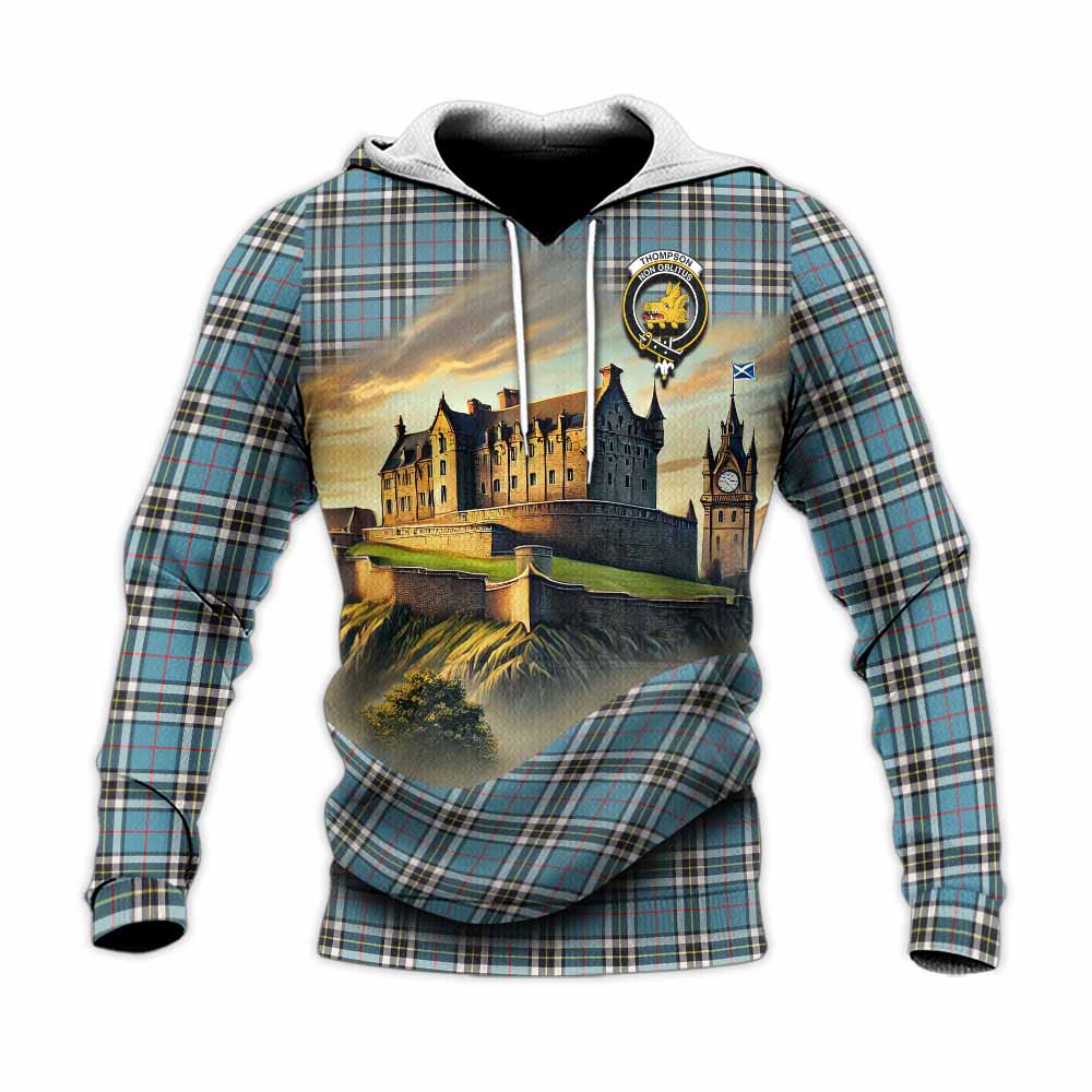 Tartan Vibes Clothing Thompson (Thomson) Tartan Family Crest Knitted Hoodie with Scottish Ancient Castle Style