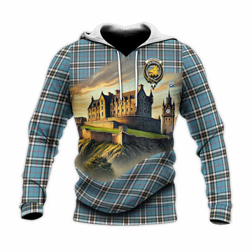 Tartan Vibes Clothing Thompson (Thomson) Tartan Family Crest Knitted Hoodie with Scottish Ancient Castle Style