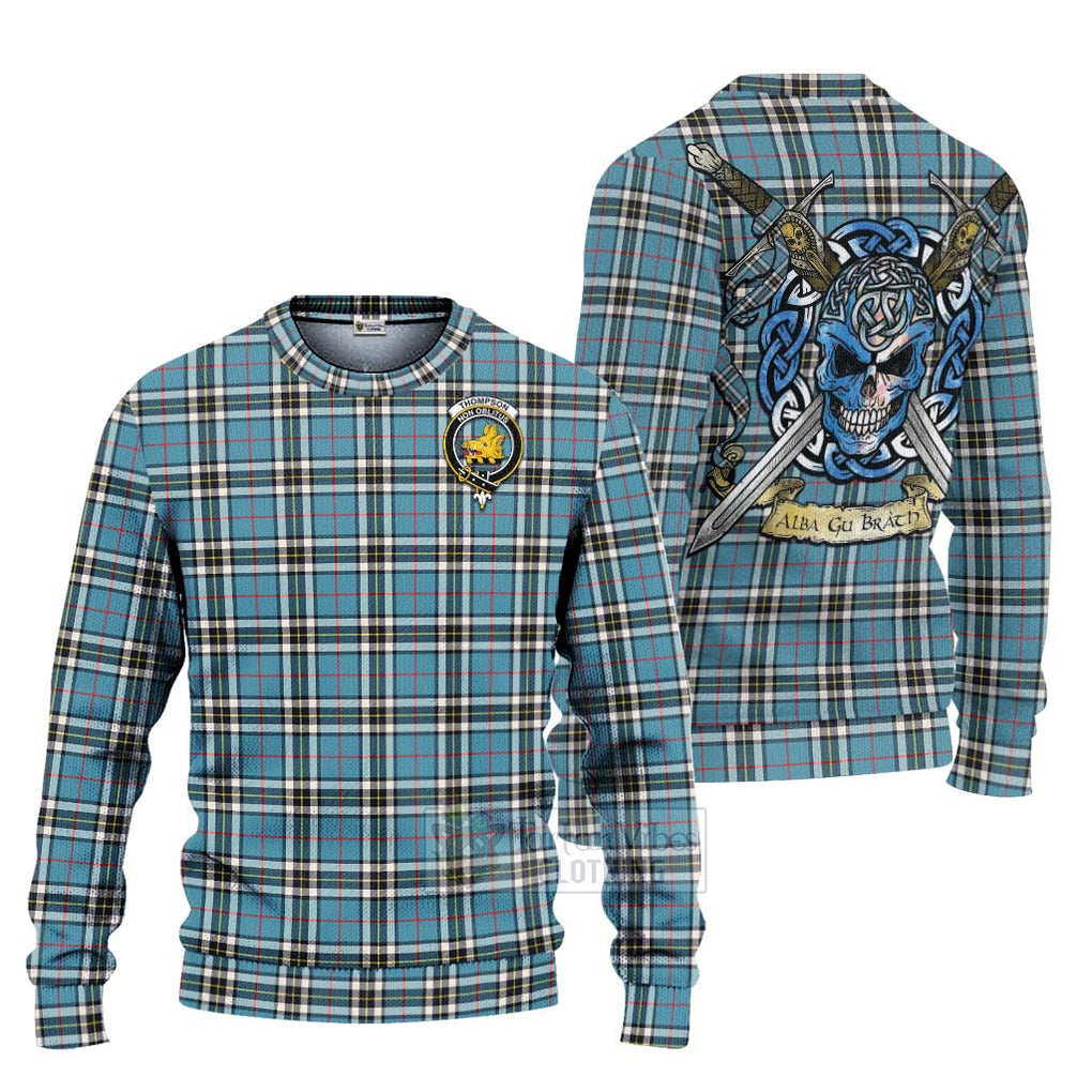 Tartan Vibes Clothing Thompson (Thomson) Tartan Knitted Sweater with Family Crest Celtic Skull Style
