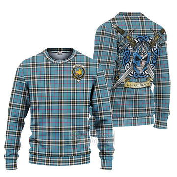 Tartan Vibes Clothing Thompson (Thomson) Tartan Knitted Sweater with Family Crest Celtic Skull Style