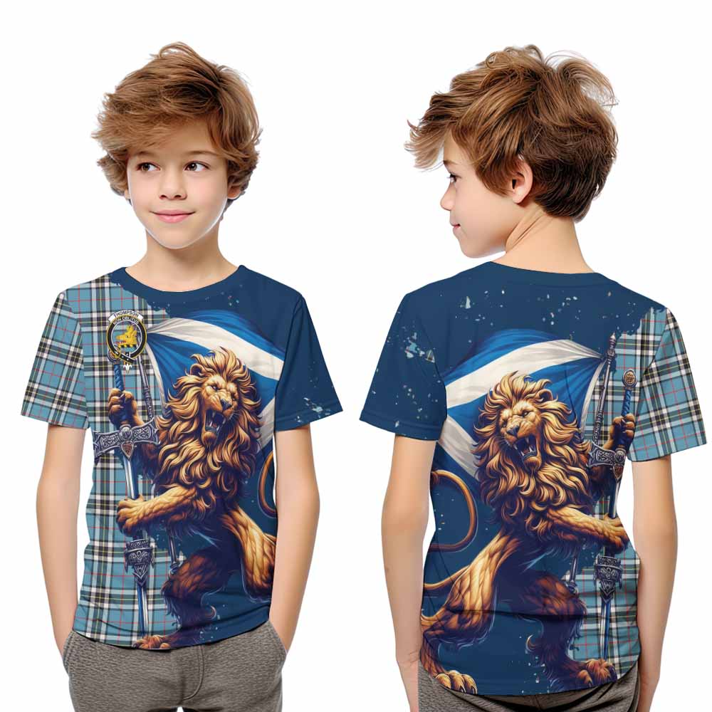 Tartan Vibes Clothing Thompson (Thomson) Tartan Family Crest Kid T-Shirt with Scottish Majestic Lion
