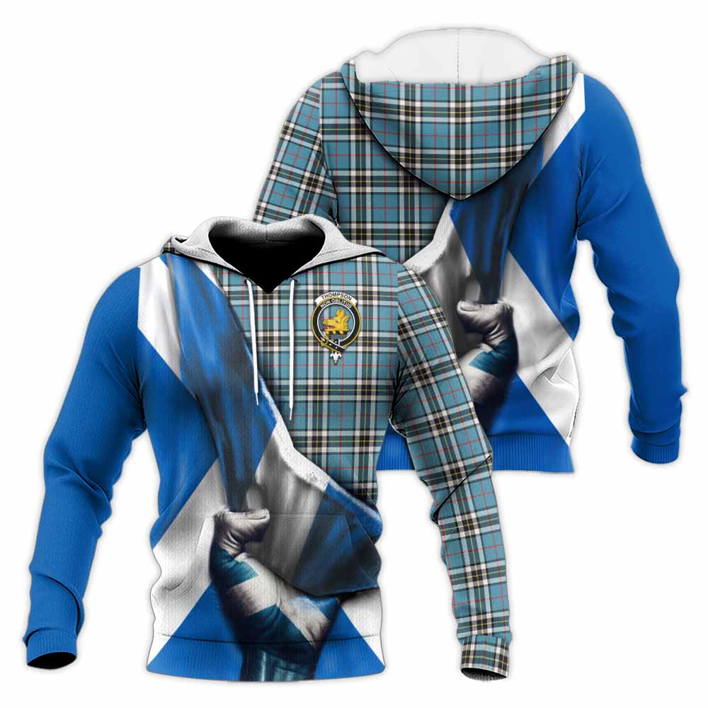 Tartan Vibes Clothing Thompson (Thomson) Tartan Knitted Hoodie with Family Crest Scotland Patriotic Style