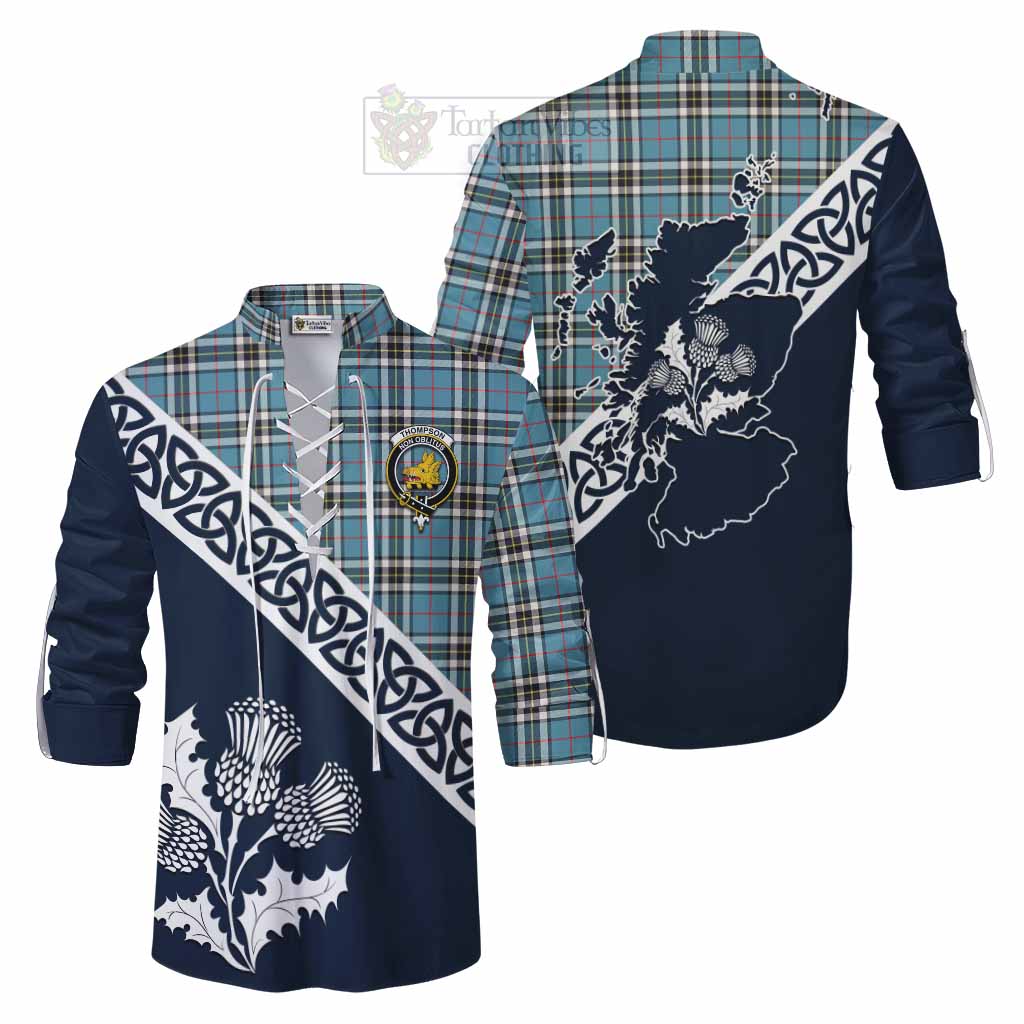 Tartan Vibes Clothing Thompson (Thomson) Tartan Ghillie Kilt Shirt Featuring Thistle and Scotland Map