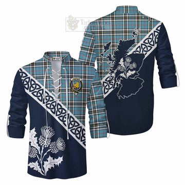 Tartan Vibes Clothing Thompson (Thomson) Tartan Ghillie Kilt Shirt Featuring Thistle and Scotland Map