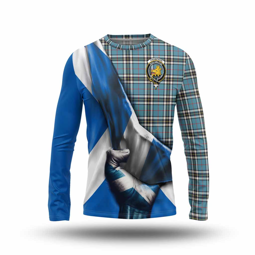 Tartan Vibes Clothing Thompson (Thomson) Tartan Long Sleeve T-Shirt with Family Crest Scotland Patriotic Style