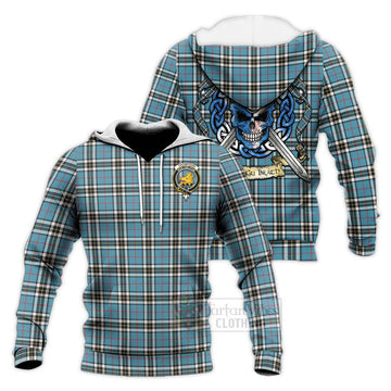 Tartan Vibes Clothing Thompson (Thomson) Tartan Knitted Hoodie with Family Crest Celtic Skull Style