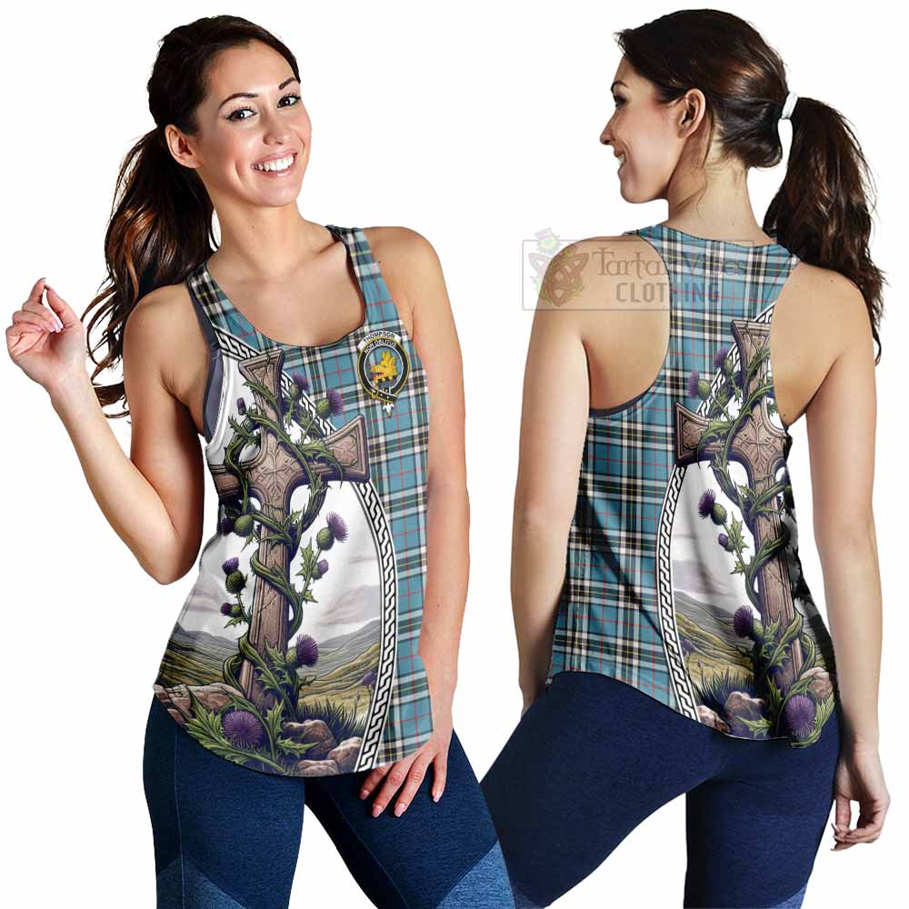 Tartan Vibes Clothing Thompson (Thomson) Tartan Women's Racerback Tanks with Family Crest and St. Andrew's Cross Accented by Thistle Vines
