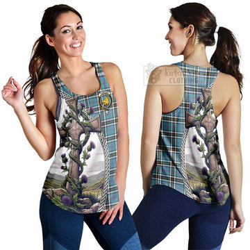 Tartan Vibes Clothing Thompson (Thomson) Tartan Women's Racerback Tanks with Family Crest and St. Andrew's Cross Accented by Thistle Vines