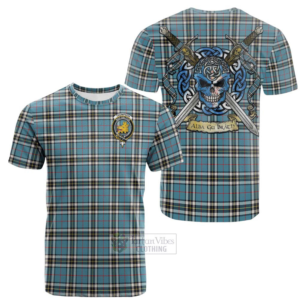 Tartan Vibes Clothing Thompson (Thomson) Tartan Cotton T-shirt with Family Crest Celtic Skull Style
