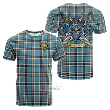 Tartan Vibes Clothing Thompson (Thomson) Tartan Cotton T-shirt with Family Crest Celtic Skull Style