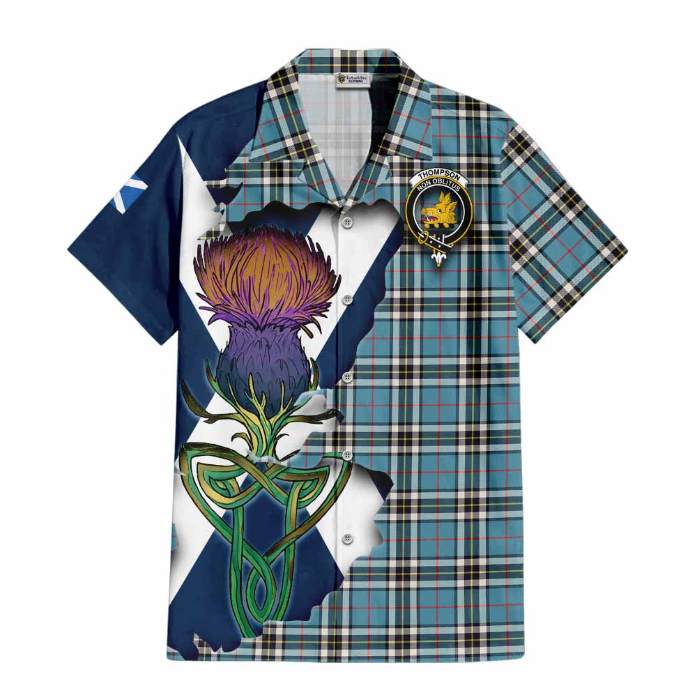Tartan Vibes Clothing Thompson (Thomson) Tartan Family Crest Short Sleeve Button Shirt Scottish Thistle Celtic Inspired