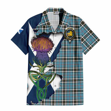 Tartan Vibes Clothing Thompson (Thomson) Tartan Family Crest Short Sleeve Button Shirt Scottish Thistle Celtic Inspired