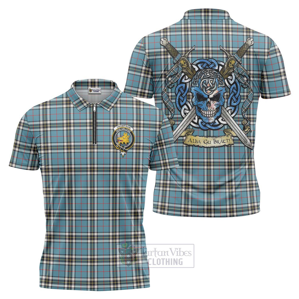 Tartan Vibes Clothing Thompson (Thomson) Tartan Zipper Polo Shirt with Family Crest Celtic Skull Style