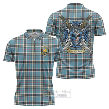 Tartan Vibes Clothing Thompson (Thomson) Tartan Zipper Polo Shirt with Family Crest Celtic Skull Style