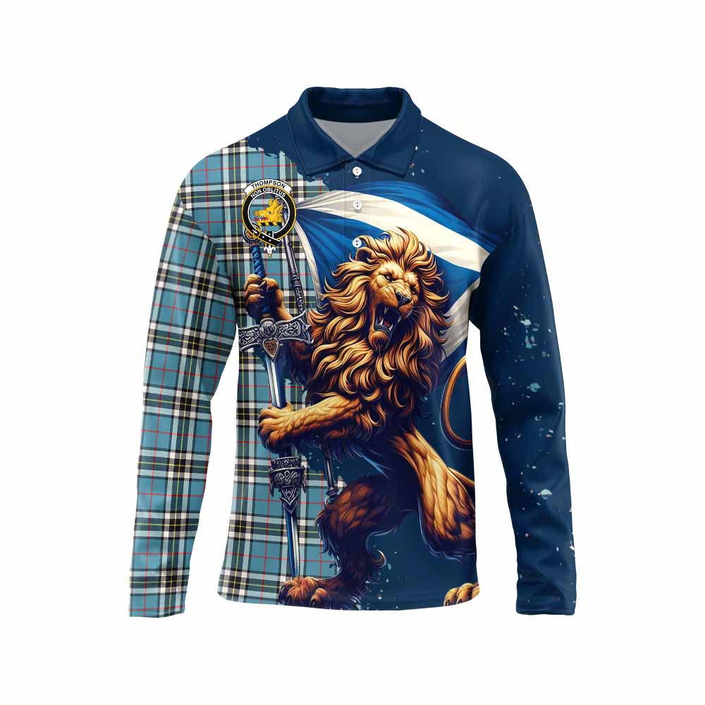 Tartan Vibes Clothing Thompson (Thomson) Tartan Family Crest Long Sleeve Polo Shirt with Scottish Majestic Lion