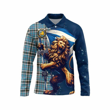 Tartan Vibes Clothing Thompson (Thomson) Tartan Family Crest Long Sleeve Polo Shirt with Scottish Majestic Lion