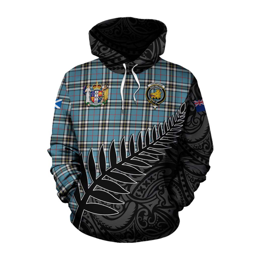 Tartan Vibes Clothing Thompson (Thomson) Crest Tartan Cotton Hoodie with New Zealand Silver Fern Half Style