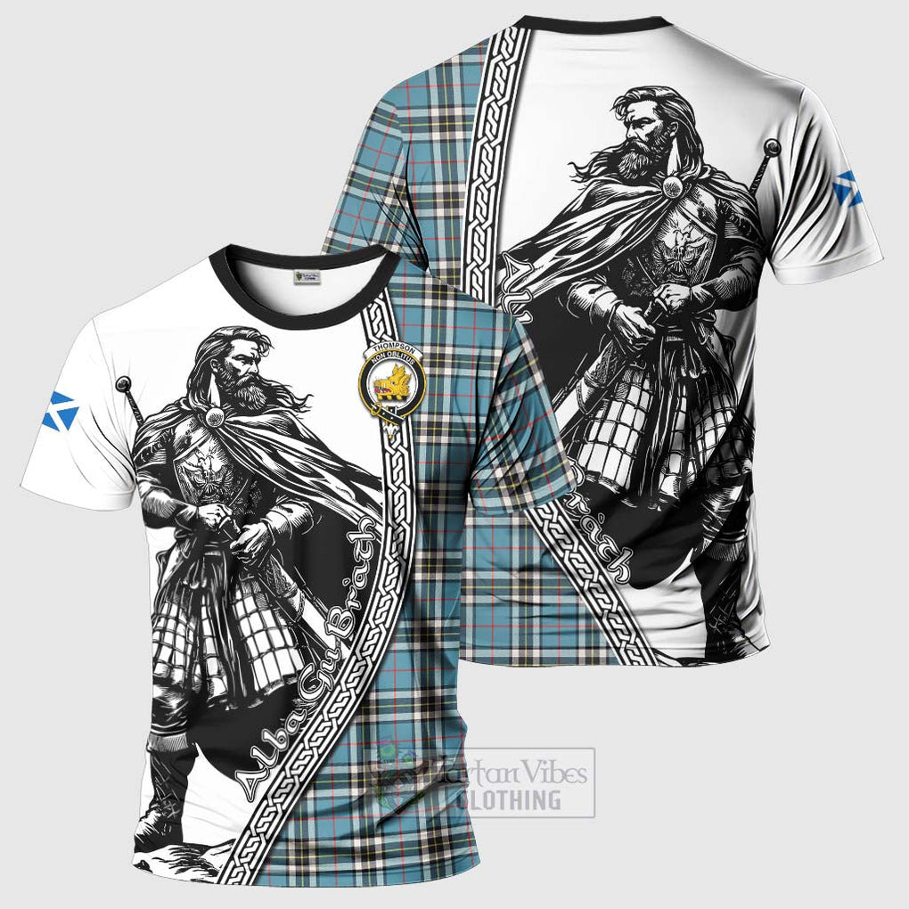 Tartan Vibes Clothing Thompson (Thomson) Tartan Clan Crest T-Shirt with Highlander Warrior Celtic Style