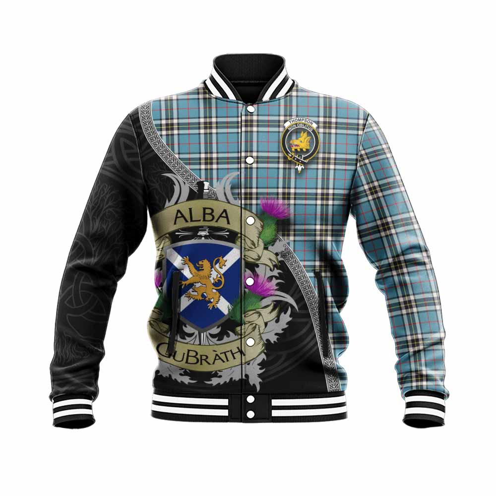 Tartan Vibes Clothing Thompson (Thomson) Tartan Family Crest Baseball Jacket Lion Rampant Royal Thistle Shield Celtic Inspired