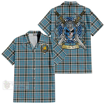 Tartan Vibes Clothing Thompson (Thomson) Tartan Short Sleeve Button Shirt with Family Crest Celtic Skull Style
