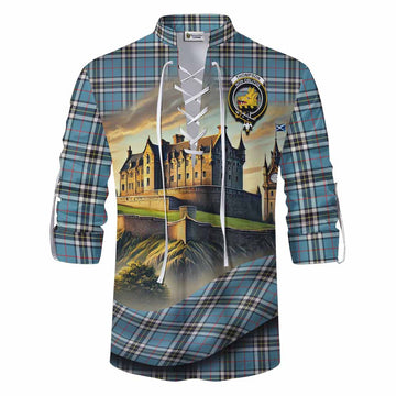 Tartan Vibes Clothing Thompson (Thomson) Tartan Family Crest Ghillie Kilt Shirt with Scottish Ancient Castle Style