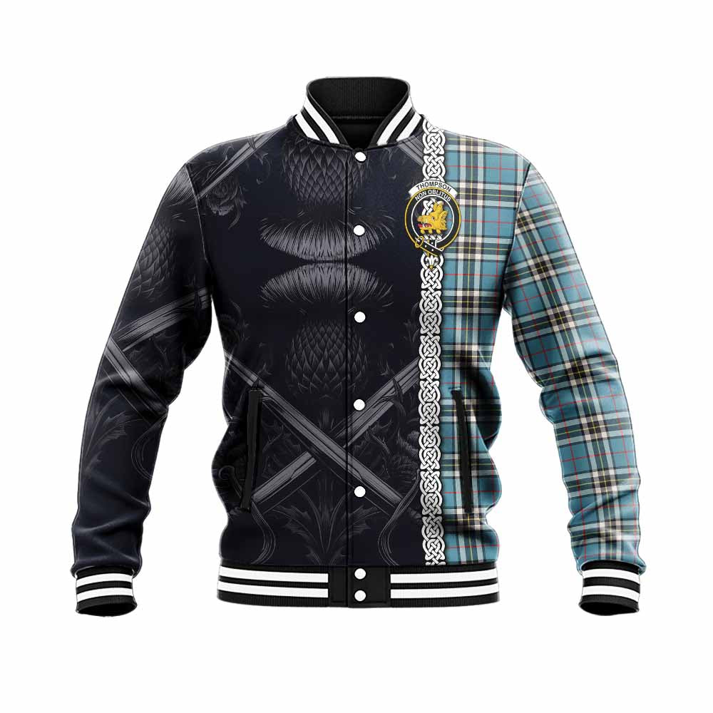 Tartan Vibes Clothing Thompson (Thomson) Tartan Baseball Jacket with Family Crest Cross Sword Thistle Celtic Vibes