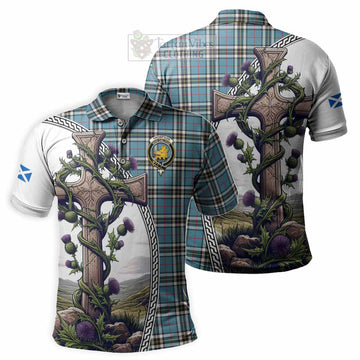 Tartan Vibes Clothing Thompson (Thomson) Tartan Polo Shirt with Family Crest and St. Andrew's Cross Accented by Thistle Vines