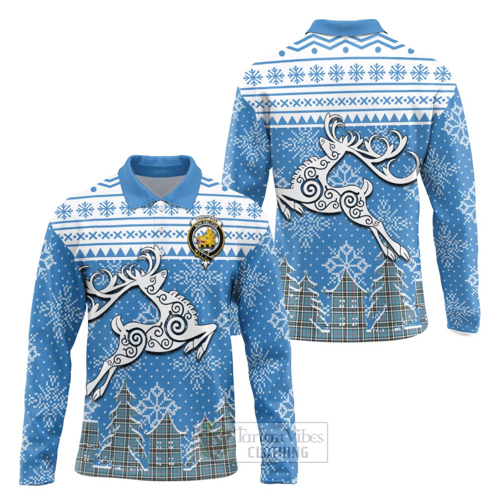 Tartan Vibes Clothing Thompson (Thomson) Clan Christmas Long Sleeve Polo Shirt Celtic Reindeer Style