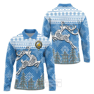 Tartan Vibes Clothing Thompson (Thomson) Clan Christmas Long Sleeve Polo Shirt Celtic Reindeer Style