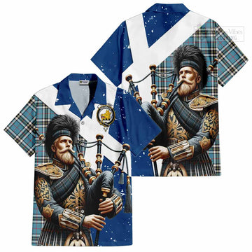 Tartan Vibes Clothing Thompson (Thomson) Tartan Short Sleeve Button Shirt with Family Crest Scottish Bagpiper Vibes