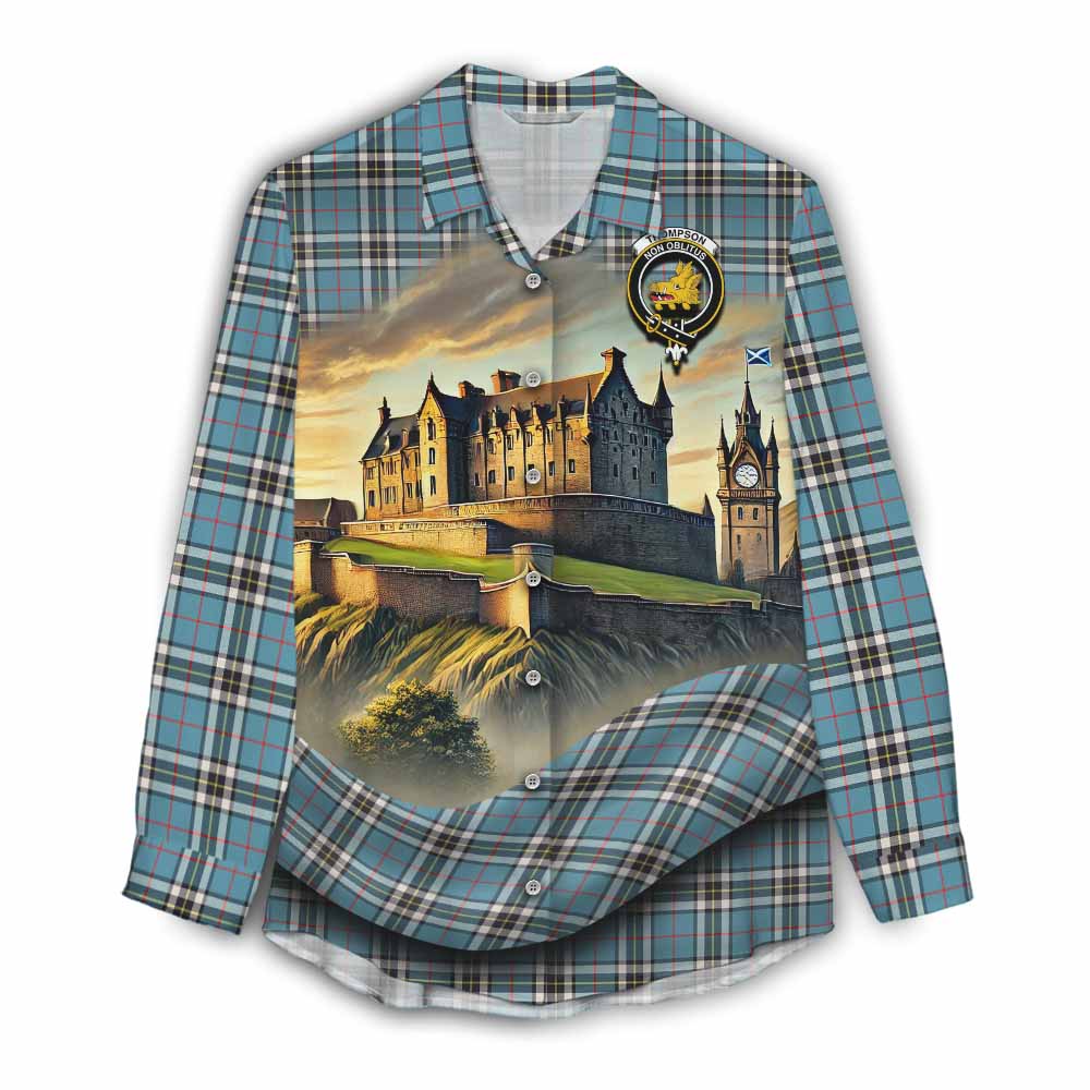 Tartan Vibes Clothing Thompson (Thomson) Tartan Family Crest Women's Casual Shirt with Scottish Ancient Castle Style