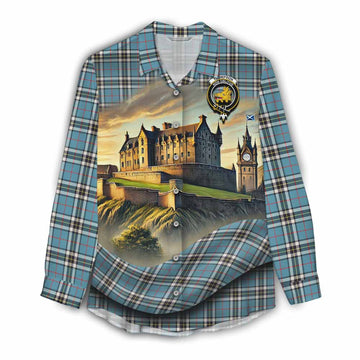 Tartan Vibes Clothing Thompson (Thomson) Tartan Family Crest Women's Casual Shirt with Scottish Ancient Castle Style