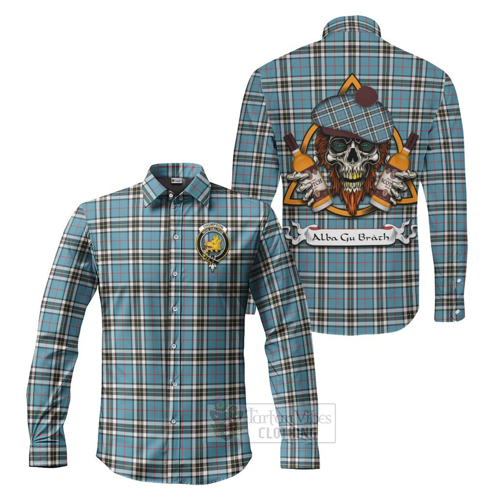Tartan Vibes Clothing Thompson (Thomson) Tartan Long Sleeve Button Shirt with Family Crest and Bearded Skull Holding Bottles of Whiskey