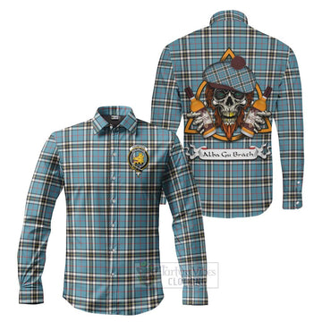 Tartan Vibes Clothing Thompson (Thomson) Tartan Long Sleeve Button Shirt with Family Crest and Bearded Skull Holding Bottles of Whiskey