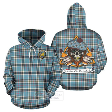 Tartan Vibes Clothing Thompson (Thomson) Tartan Hoodie with Family Crest and Bearded Skull Holding Bottles of Whiskey
