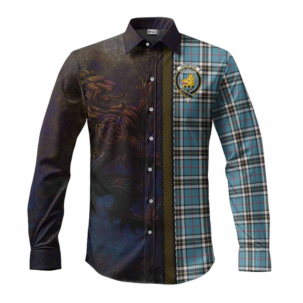 Tartan Vibes Clothing Thompson (Thomson) Tartan Family Crest Long Sleeve Button Shirt Alba Gu Brath Be Brave Lion Ancient Style