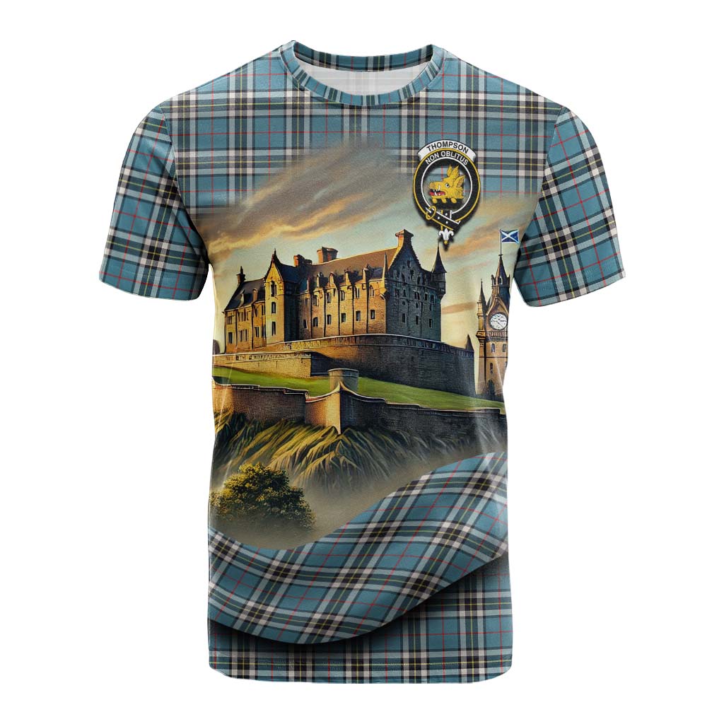 Tartan Vibes Clothing Thompson (Thomson) Tartan Family Crest Cotton T-shirt with Scottish Ancient Castle Style