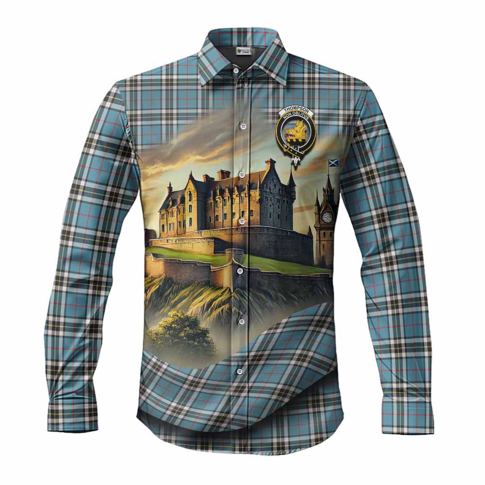 Tartan Vibes Clothing Thompson (Thomson) Tartan Family Crest Long Sleeve Button Shirt with Scottish Ancient Castle Style
