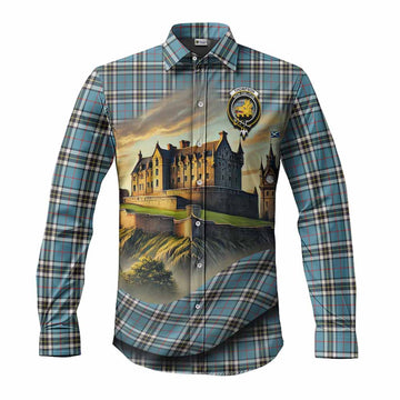 Tartan Vibes Clothing Thompson (Thomson) Tartan Family Crest Long Sleeve Button Shirt with Scottish Ancient Castle Style