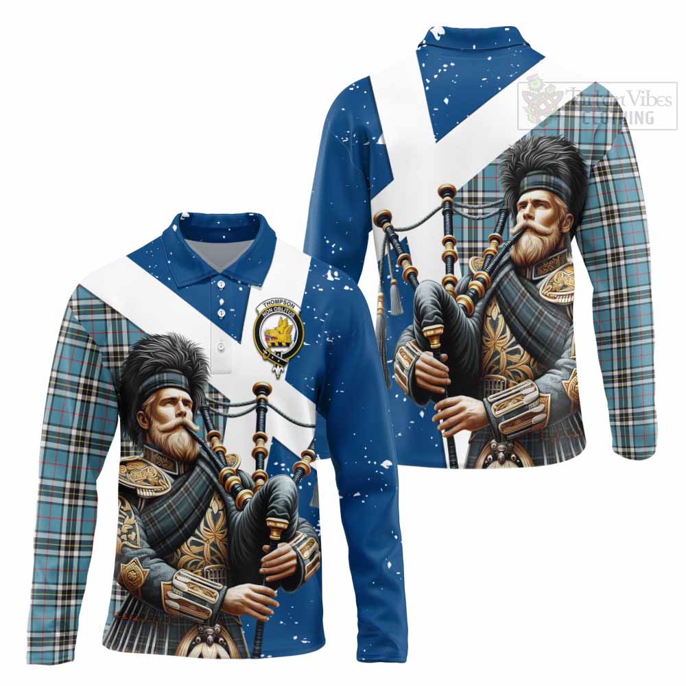 Tartan Vibes Clothing Thompson (Thomson) Tartan Long Sleeve Polo Shirt with Family Crest Scottish Bagpiper Vibes