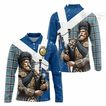 Tartan Vibes Clothing Thompson (Thomson) Tartan Long Sleeve Polo Shirt with Family Crest Scottish Bagpiper Vibes
