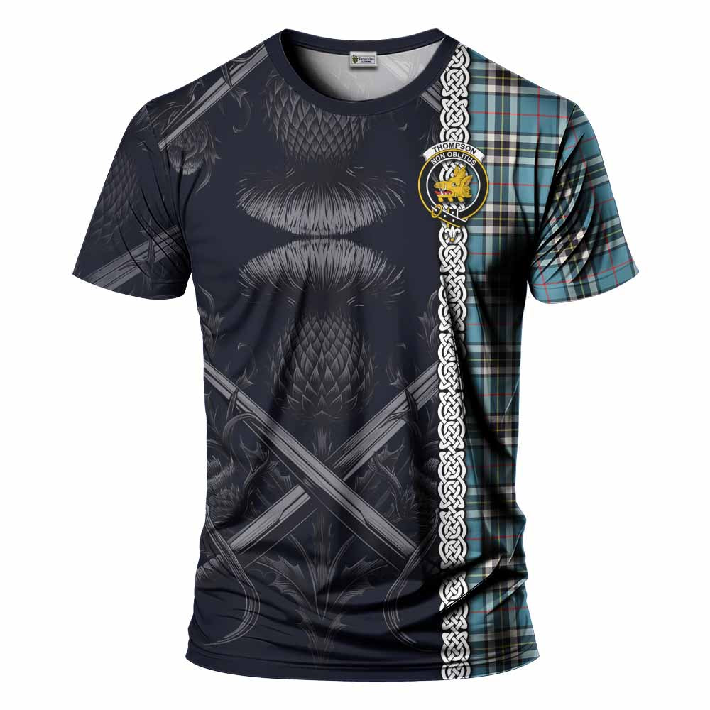 Tartan Vibes Clothing Thompson (Thomson) Tartan T-Shirt with Family Crest Cross Sword Thistle Celtic Vibes
