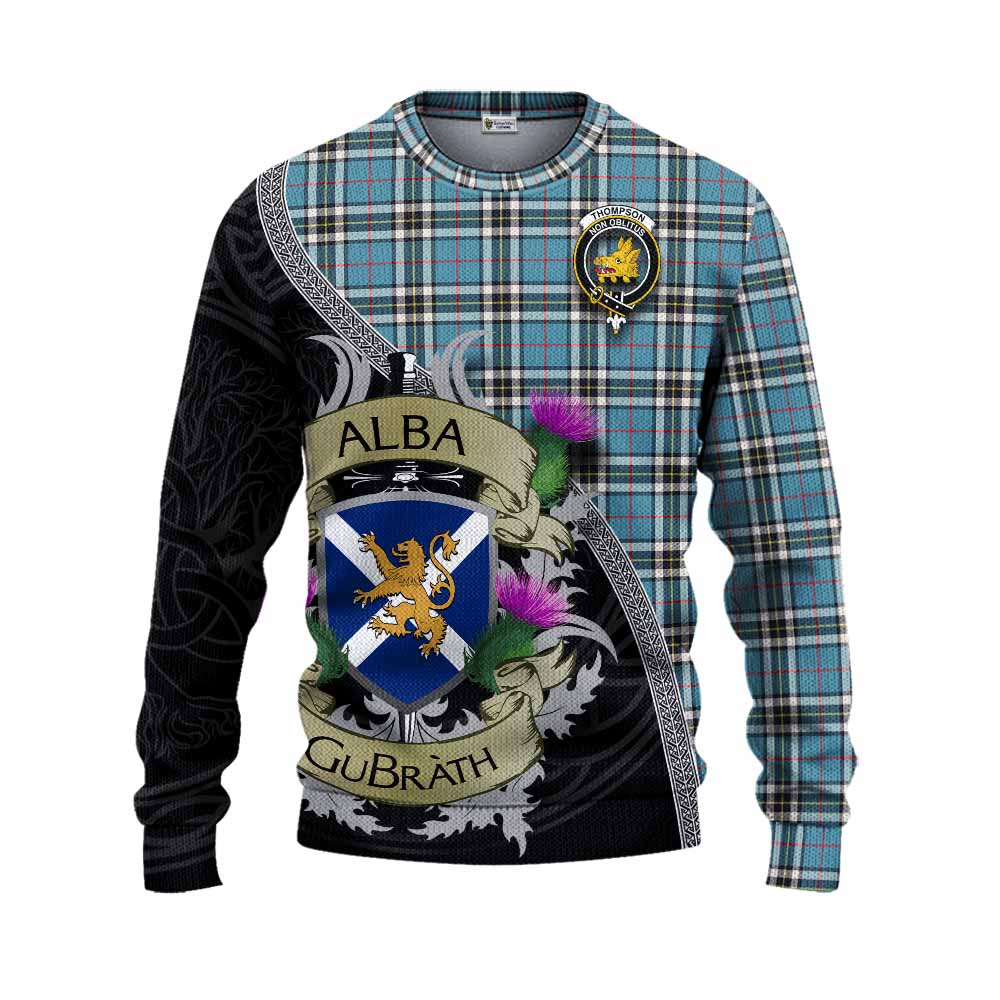 Tartan Vibes Clothing Thompson (Thomson) Tartan Family Crest Knitted Sweater Lion Rampant Royal Thistle Shield Celtic Inspired
